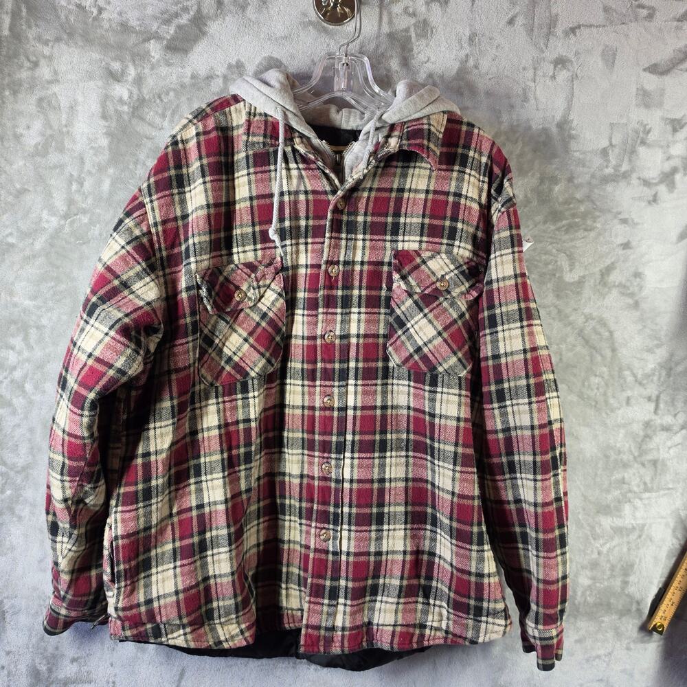 Field & Stream Men’s Large Plaid Hooded Jacket Quilted Lined Red Black Flannel